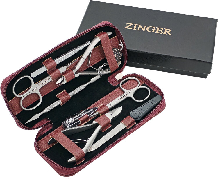 Маникюрный набор Zinger 7106, 8 предметов, медицинская сталь, серебристый/бордовый матовый