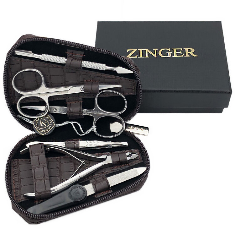 Маникюрный набор Zinger 7103, 6 предметов, медицинская сталь, серебристый/бордово-коричневый