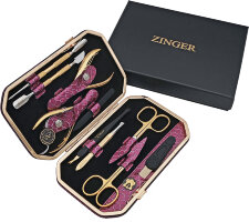 Маникюрный набор Zinger MSFE-804 G, 10 предметов, медицинская сталь, натуральная кожа, позолоченный/сиреневый