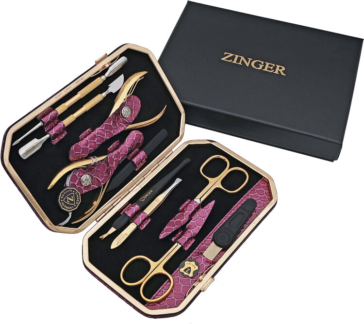 Маникюрный набор Zinger MSFE-804 G, 10 предметов, медицинская сталь, натуральная кожа, позолоченный/сиреневый