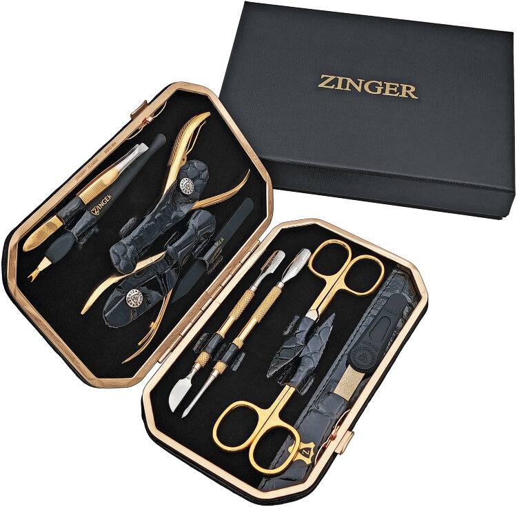 Маникюрный набор Zinger MSFE-804 G, 10 предметов, натуральная кожа, позолоченный/ черный глянцевый