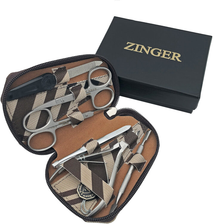 Маникюрный набор Zinger 7103, 6 предметов, медицинская сталь, серебристый/коричневый клетка Маникюрный набор Zinger 7103, 6 предметов, медицинская сталь, серебристый/коричневый клетка