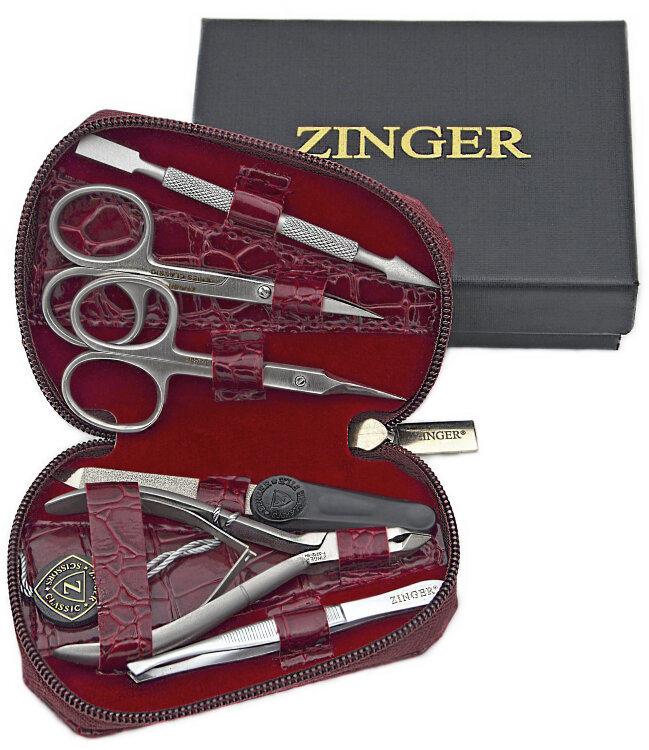 Маникюрный набор Zinger 7103, 6 предметов, медицинская сталь, серебристый/бордовый крокодил