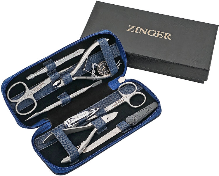 Маникюрный набор Zinger 7106, 8 предметов, медицинская сталь, серебристый/синий матовый
